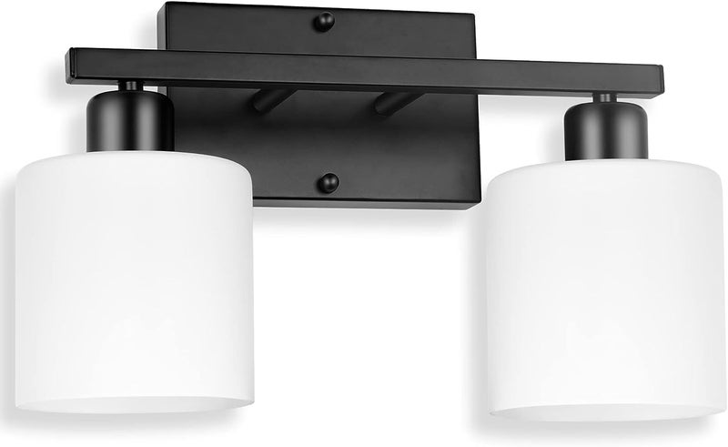 Dekang Bathroom Light Fixtures Over Mirror, Anti-Rust Matte Black Vanity Lights 15 Mid Century Modern 2-Light Wall Sconces, Milky White Glass Shades, E26 Standard Socket, Bulbs Not Included - Image 1